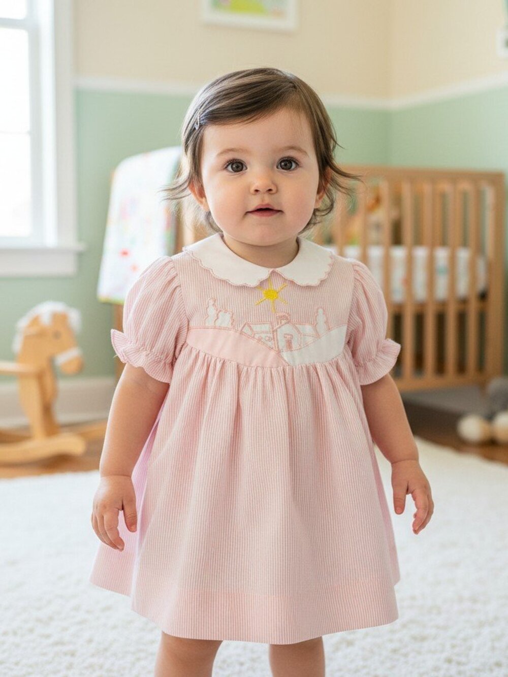 Vintage Dumon 80s-90s Baby Girl Soft Pink & White Striped 12-18 Months Dress